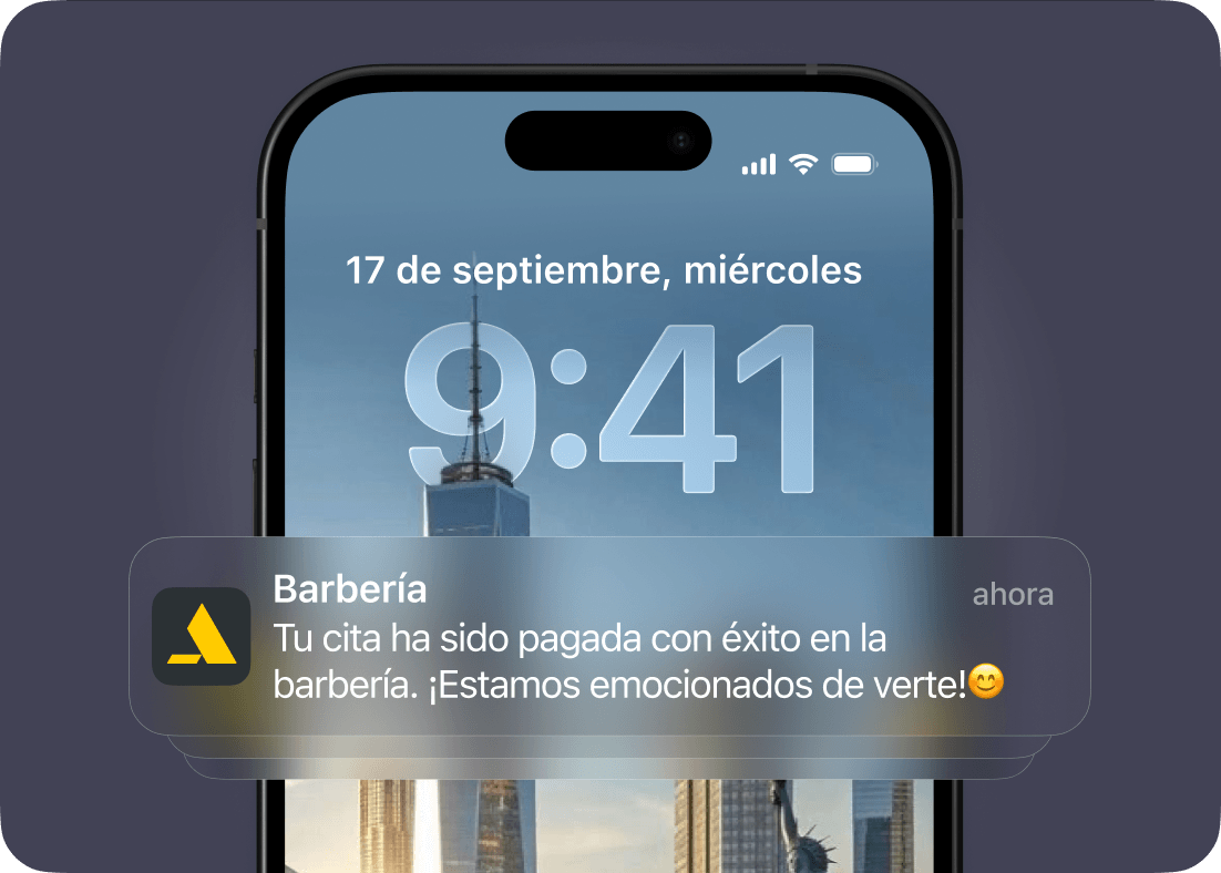 Push notification from BarberShop on a phone confirming that the appointment payment was successful and inviting the user to attend.