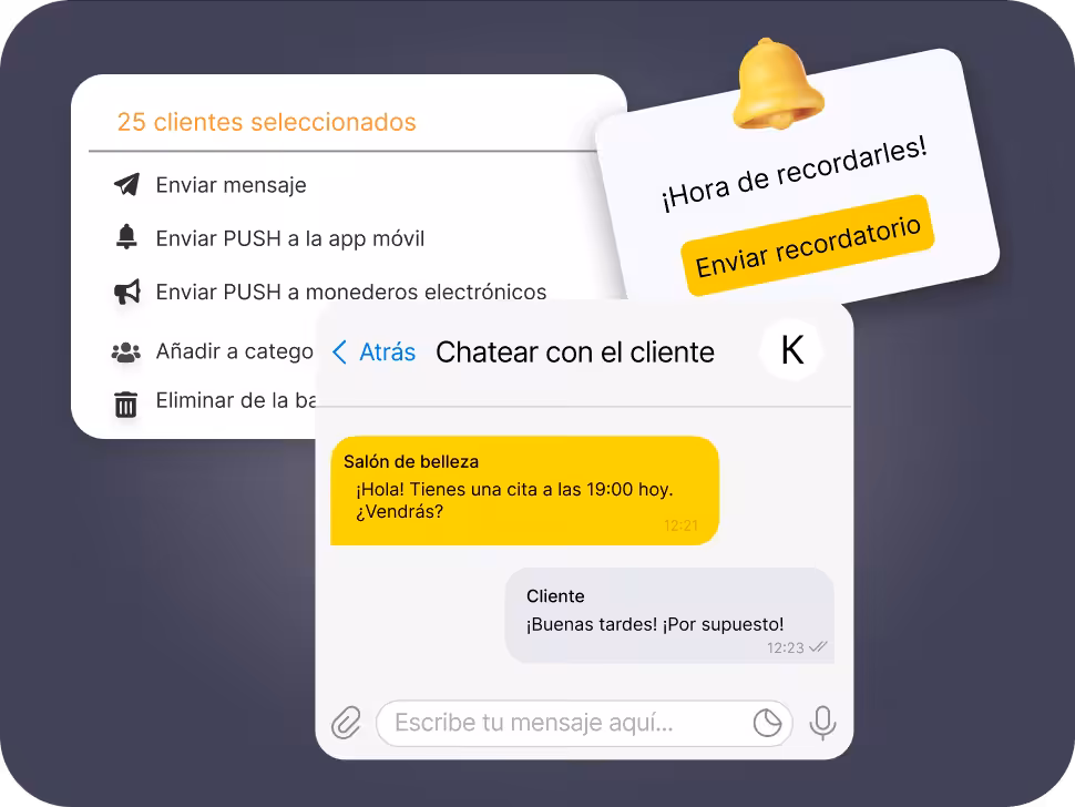 UI showing 25 clients selected with action list: Send message, Send PUSH to mobile app, Send PUSH to e-wallets, Add to category, Remove from data; a floating reminder card reading 'Time to remind them! Send reminder' with a bell; and an overlapping chat with a client showing yellow and gray message bubbles