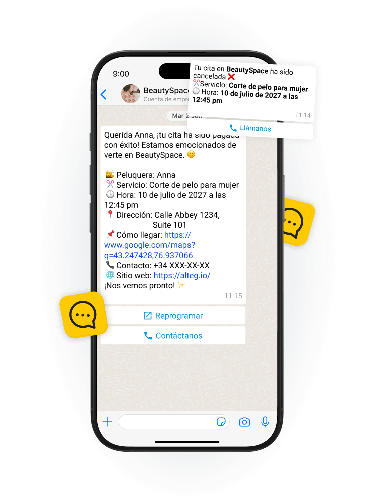 Smartphone screen displaying a BeautySpace appointment message with service, time, address, and reschedule option.