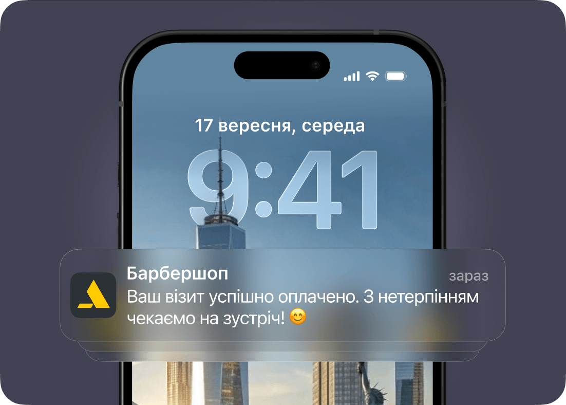 Push notification from BarberShop on a phone confirming that the appointment payment was successful and inviting the user to attend.