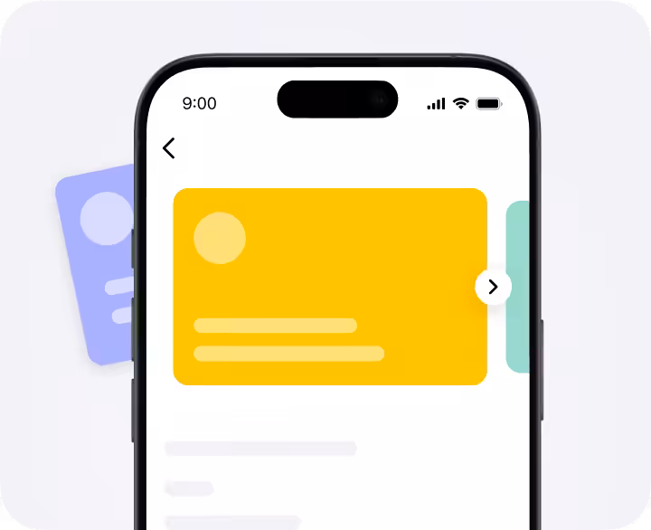 Smartphone screen showing a card-based app interface; a large yellow rounded card in focus with white text lines, and a purple card peeking from the left, on a light background.