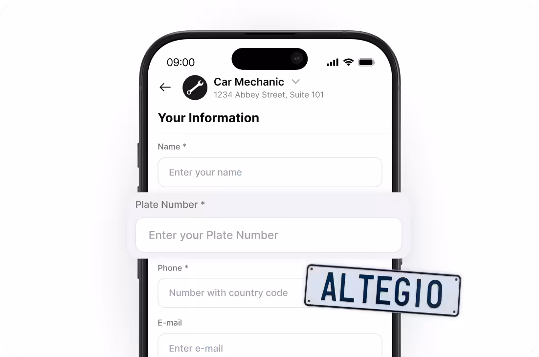 Mobile form on a smartphone titled 'Your Information' with fields for Name, Plate Number, Phone, and Email; a tilted license plate reads ALTEGIO overlapping the screen.