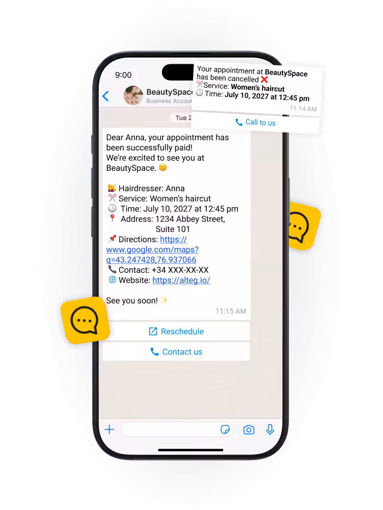Smartphone screen displaying a BeautySpace appointment message with service, time, address, and reschedule option.
