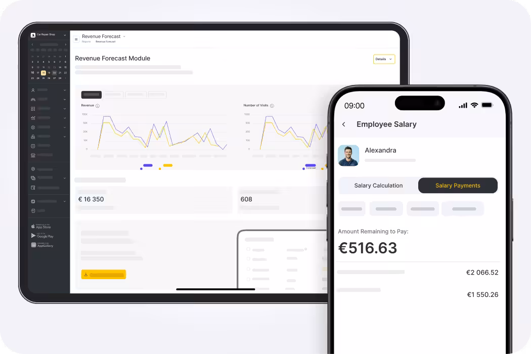 Laptop analytics dashboard showing revenue forecast charts and metrics, with a smartphone displaying an employee salary screen.