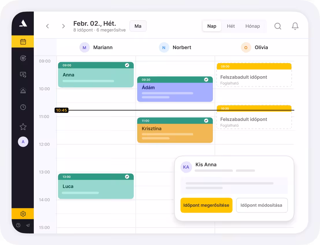 Week-view calendar showing three people’s schedules with color-coded appointments and a floating appointment card for Anna K.