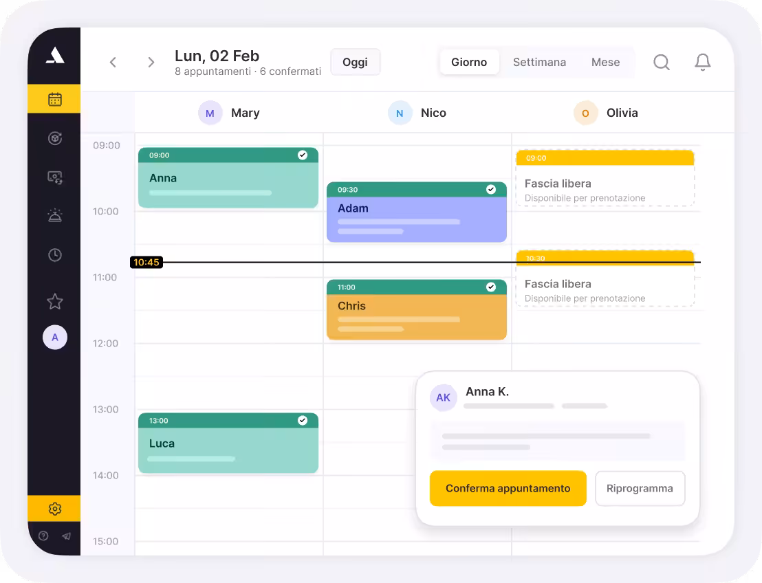 Week-view calendar showing three people’s schedules with color-coded appointments and a floating appointment card for Anna K.