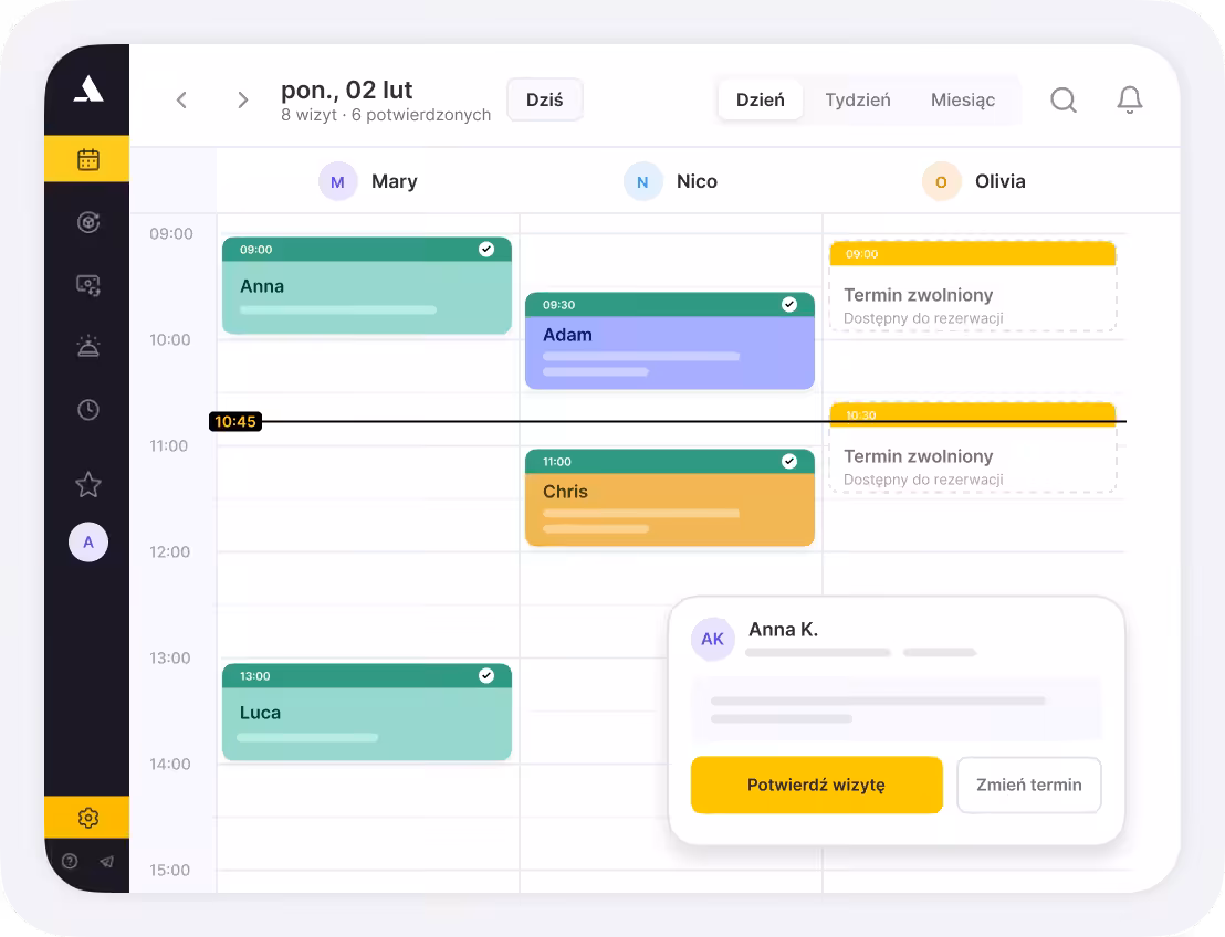 Week-view calendar showing three people’s schedules with color-coded appointments and a floating appointment card for Anna K.