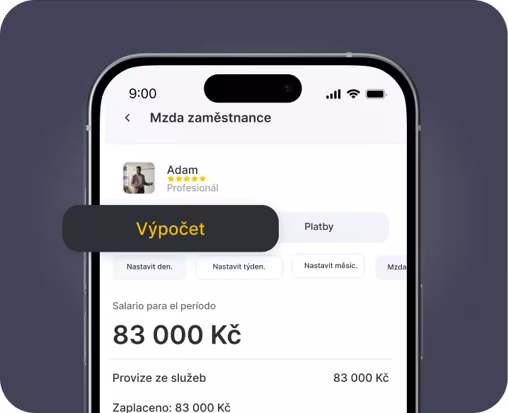 obrazovka mobilní aplikace s názvem „zaměstnanecký plat“, na které je zobrazena část pro výpočet platu s možnostmi jako „za den“, „za týden“ a částkou platu 325 000 € | altegio | altegio