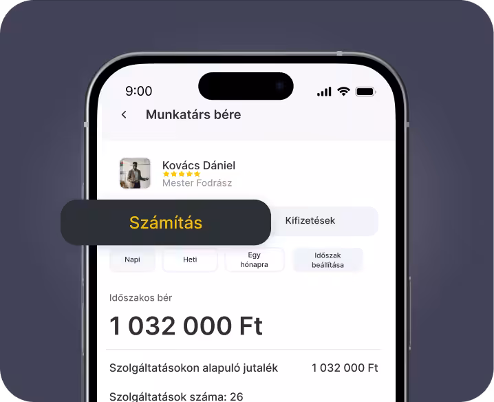 „alkalmazotti fizetés” című mobilalkalmazás képernyője, amelyen egy fizetésszámítási terület látható olyan opciókkal, mint „naponta” és „hetente”, valamint 325 000 € fizetési összeg | altegio | altegio