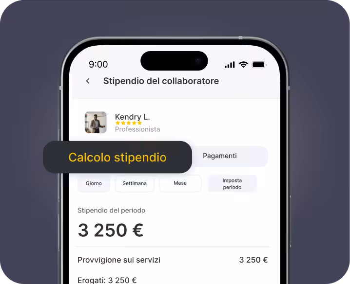 schermata dell'app mobile intitolata “Stipendio dipendente” che mostra un'area dedicata al calcolo dello stipendio con opzioni quali “al giorno” e “a settimana” e un importo pari a 325.000 € | altegio | altegio