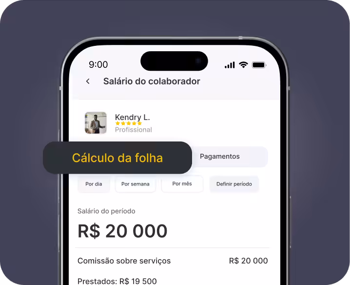 Tela do aplicativo móvel intitulada “salário do funcionário”, exibindo uma área de cálculo salarial com opções como “por dia” e “por semana” e um valor salarial de €325.000 | altegio | altegio