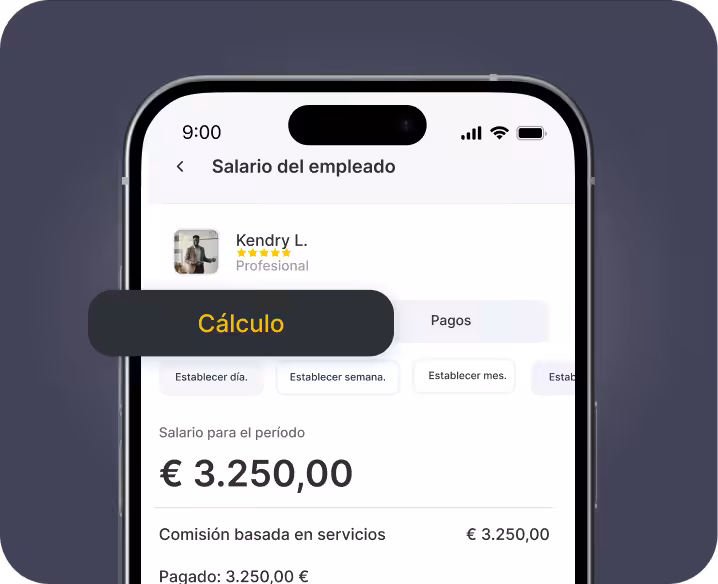 Pantalla de una aplicación móvil titulada «Salario de los empleados», en la que se muestra un área de cálculo del salario con opciones como «por día» y «por semana», y un importe salarial de 325 000 € | altegio | altegio