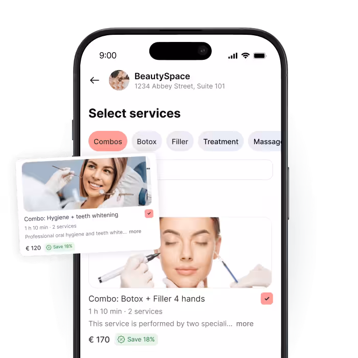 smartphone displaying a beauty app with &aposselect services&apos and tabs like combos botox filler a floating combo card nearby | altegio | altegio