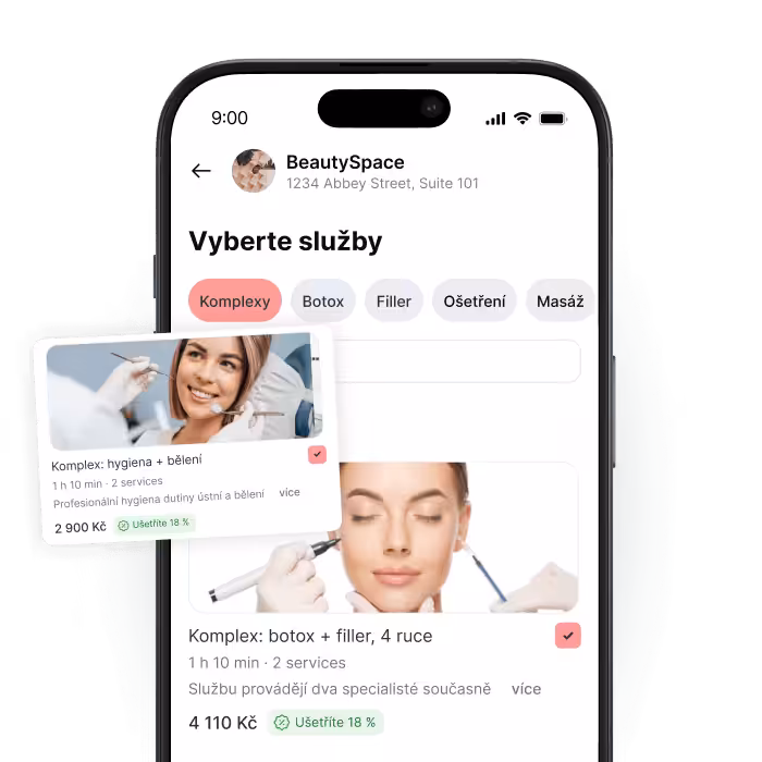 smartphone displaying a beauty app with &aposselect services&apos and tabs like combos botox filler a floating combo card nearby | altegio | altegio