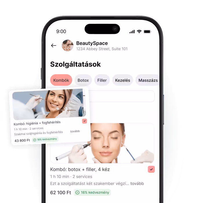 smartphone displaying a beauty app with &aposselect services&apos and tabs like combos botox filler a floating combo card nearby | altegio | altegio