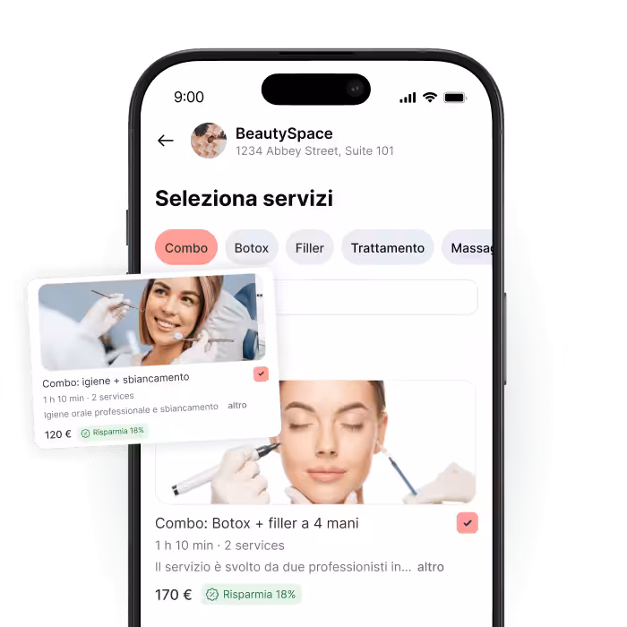 smartphone displaying a beauty app with &aposselect services&apos and tabs like combos botox filler a floating combo card nearby | altegio | altegio