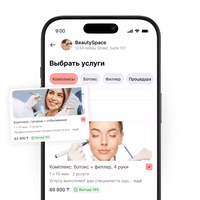 smartphone displaying a beauty app with &aposselect services&apos and tabs like combos botox filler a floating combo card nearby | altegio | altegio