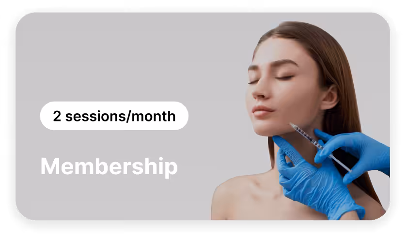 woman receives a cosmetic injection in the jawline from gloved hands overlay text reads &apos2 sessionsmonth membership&apos | altegio