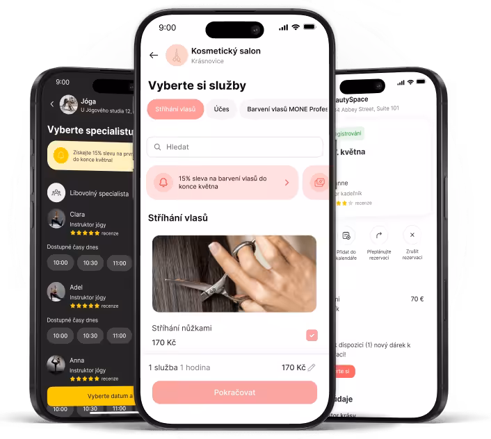 mobile app screen for beauty space showing select services a search field and a haircut option with a large pink continue button | altegio | altegio