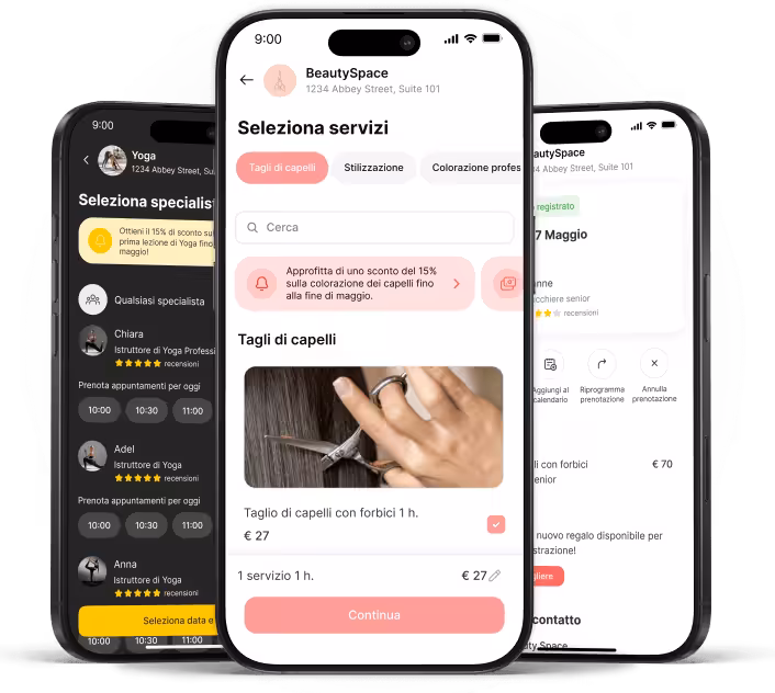 mobile app screen for beauty space showing select services a search field and a haircut option with a large pink continue button | altegio | altegio