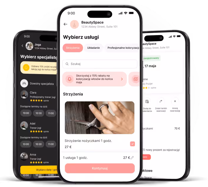 mobile app screen for beauty space showing select services a search field and a haircut option with a large pink continue button | altegio | altegio