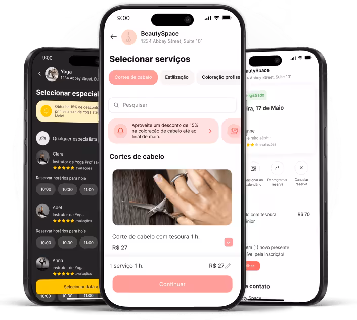 mobile app screen for beauty space showing select services a search field and a haircut option with a large pink continue button | altegio | altegio