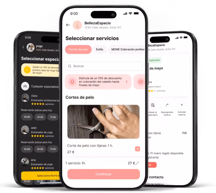 mobile app screen for beauty space showing select services a search field and a haircut option with a large pink continue button | altegio | altegio
