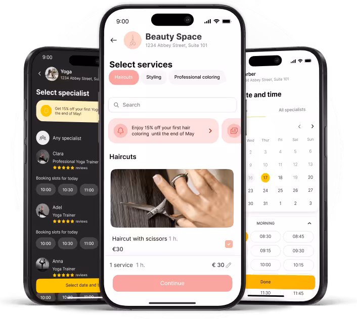 mobile app screen for beauty space showing select services a search field and a haircut option with a large pink continue button | altegio