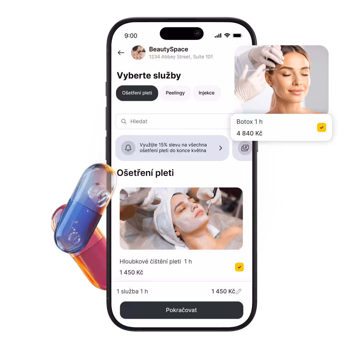 mobile beautyspace app screen with facial services selected and a botox booking card €200 | altegio | altegio