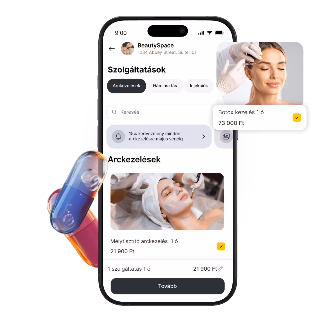mobile beautyspace app screen with facial services selected and a botox booking card €200 | altegio | altegio