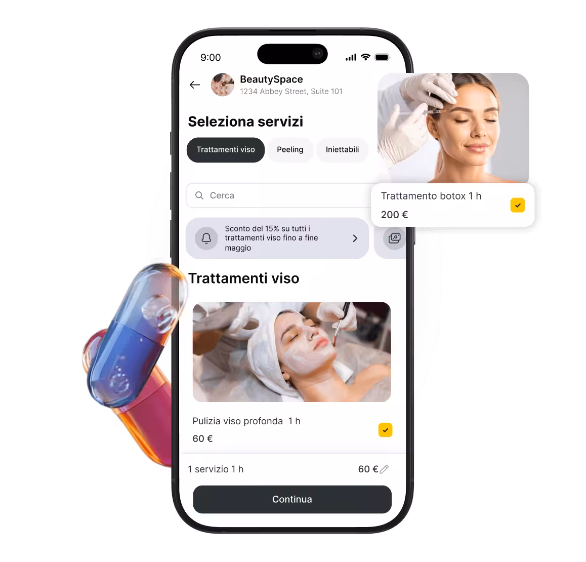 mobile beautyspace app screen with facial services selected and a botox booking card €200 | altegio | altegio
