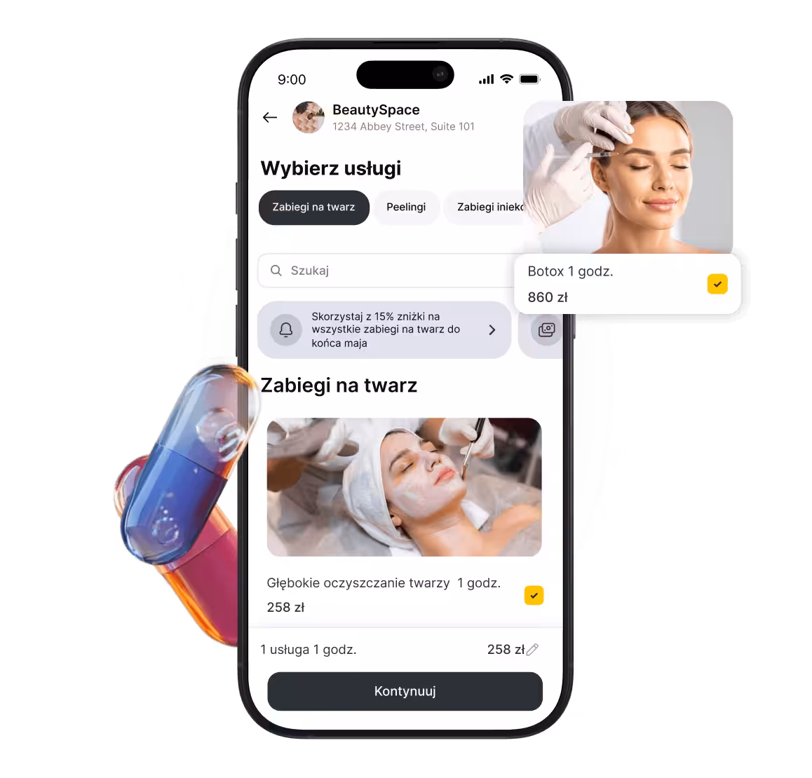 mobile beautyspace app screen with facial services selected and a botox booking card €200 | altegio | altegio