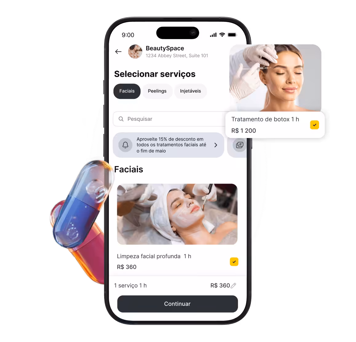 mobile beautyspace app screen with facial services selected and a botox booking card €200 | altegio | altegio