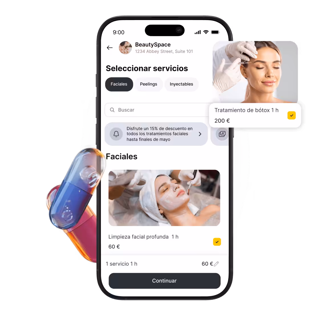 mobile beautyspace app screen with facial services selected and a botox booking card €200 | altegio | altegio