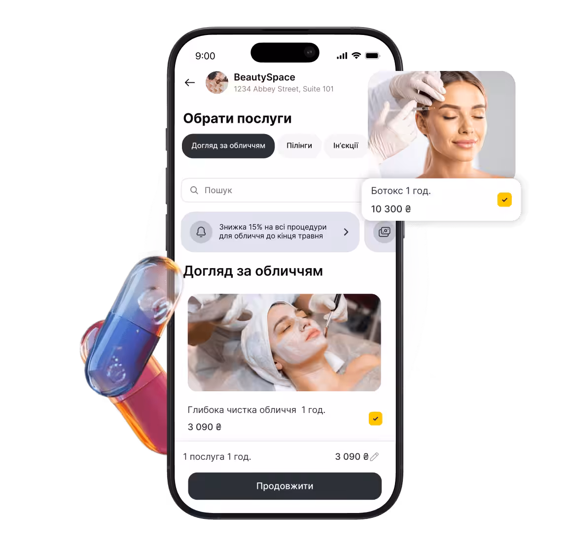 mobile beautyspace app screen with facial services selected and a botox booking card €200 | altegio | altegio