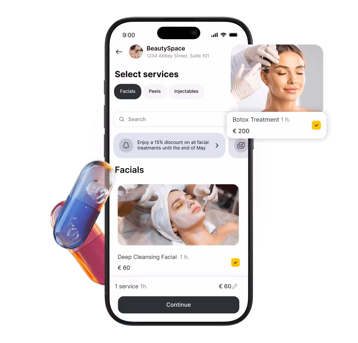 mobile beautyspace app screen with facial services selected and a botox booking card €200 | altegio