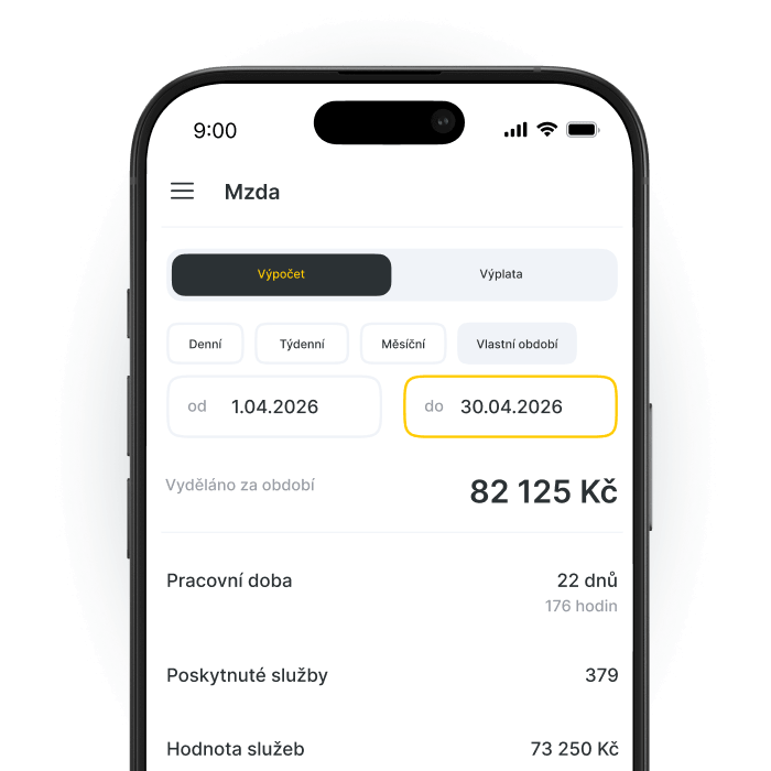 Mobile screen showing a salary dashboard: tabbed view with Calculation selected, date range from 1.04.2026 to 30.04.2026 highlighted, earned amount €3 285, and sections for Working time, Services provided, and Service value.