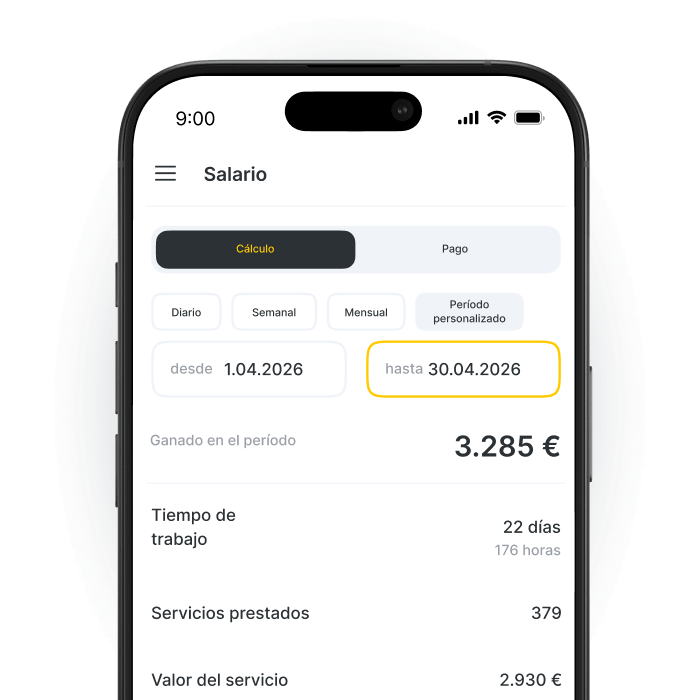 Mobile screen showing a salary dashboard: tabbed view with Calculation selected, date range from 1.04.2026 to 30.04.2026 highlighted, earned amount €3 285, and sections for Working time, Services provided, and Service value.