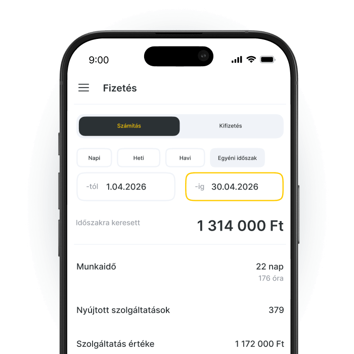 Mobile screen showing a salary dashboard: tabbed view with Calculation selected, date range from 1.04.2026 to 30.04.2026 highlighted, earned amount €3 285, and sections for Working time, Services provided, and Service value.