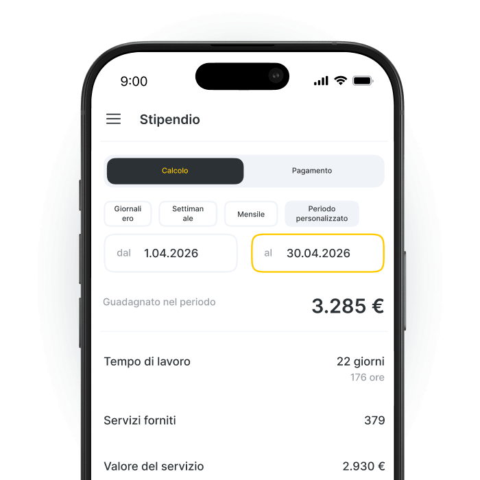 Mobile screen showing a salary dashboard: tabbed view with Calculation selected, date range from 1.04.2026 to 30.04.2026 highlighted, earned amount €3 285, and sections for Working time, Services provided, and Service value.
