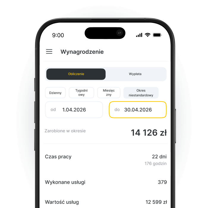 Mobile screen showing a salary dashboard: tabbed view with Calculation selected, date range from 1.04.2026 to 30.04.2026 highlighted, earned amount €3 285, and sections for Working time, Services provided, and Service value.