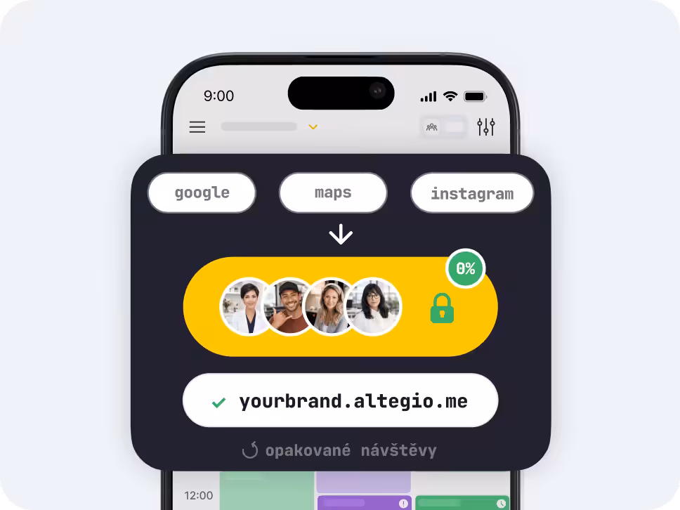 mobile app mockup dark rounded panel with tabs labeled google maps instagram a yellow rounded card showing user avatars a green lock and a 0 badge plus the text yourbrandaltegiome | altegio | altegio