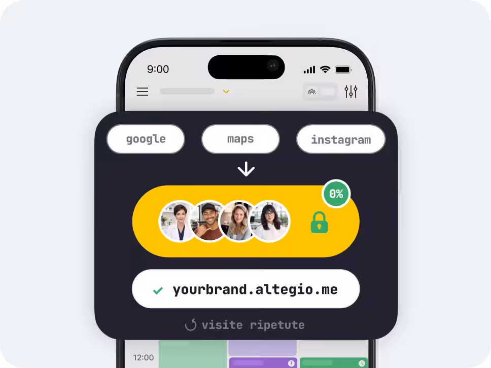 mobile app mockup dark rounded panel with tabs labeled google maps instagram a yellow rounded card showing user avatars a green lock and a 0 badge plus the text yourbrandaltegiome | altegio | altegio