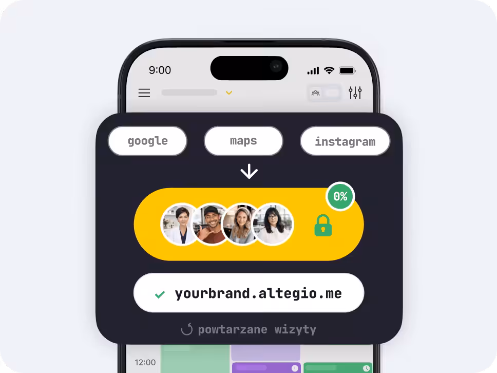 mobile app mockup dark rounded panel with tabs labeled google maps instagram a yellow rounded card showing user avatars a green lock and a 0 badge plus the text yourbrandaltegiome | altegio | altegio