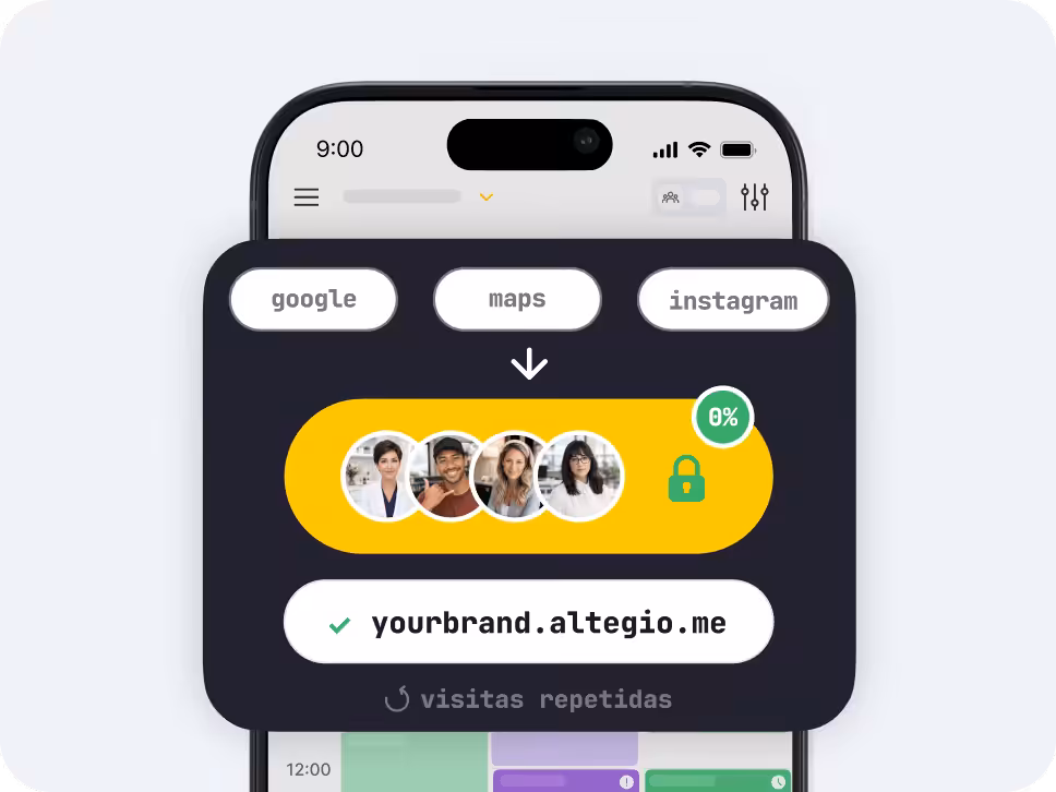 mobile app mockup dark rounded panel with tabs labeled google maps instagram a yellow rounded card showing user avatars a green lock and a 0 badge plus the text yourbrandaltegiome | altegio | altegio