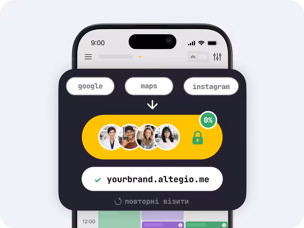 mobile app mockup dark rounded panel with tabs labeled google maps instagram a yellow rounded card showing user avatars a green lock and a 0 badge plus the text yourbrandaltegiome | altegio | altegio