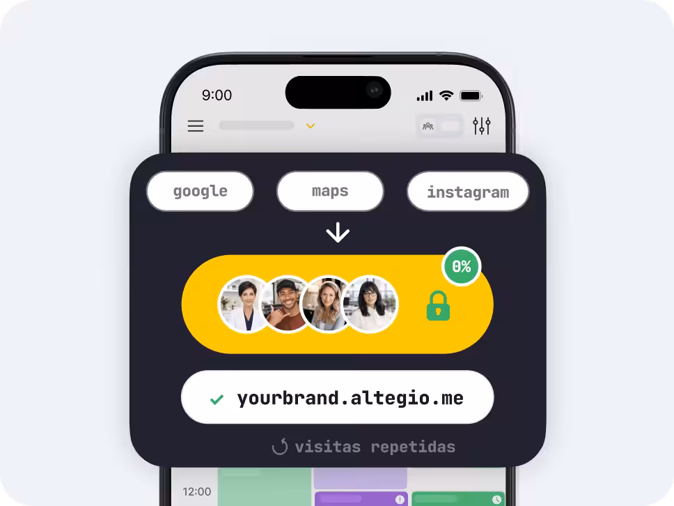 mobile app mockup dark rounded panel with tabs labeled google maps instagram a yellow rounded card showing user avatars a green lock and a 0 badge plus the text yourbrandaltegiome | altegio | altegio