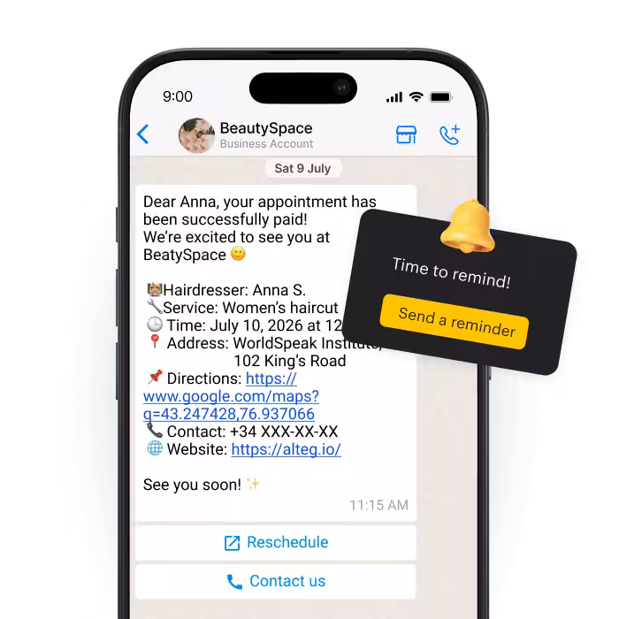 smartphone screen showing a chat about an appointment with a black reminder card saying time to remind send a reminder | altegio | altegio