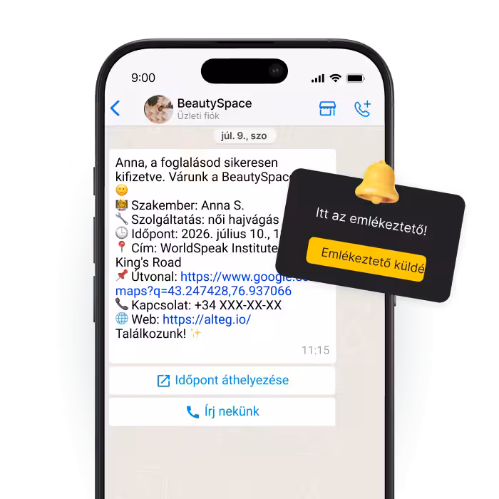 smartphone screen showing a chat about an appointment with a black reminder card saying time to remind send a reminder | altegio | altegio