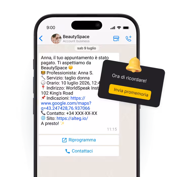smartphone screen showing a chat about an appointment with a black reminder card saying time to remind send a reminder | altegio | altegio